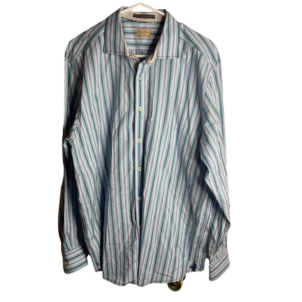 Tommy Bahama Jeans Shirt Mens Large Button Up Shirt Blue Striped Flip Cuff